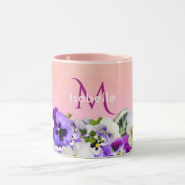 Taza Flores violetas en melocotón con nombre de monogra