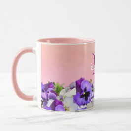 Taza Flores violetas en melocotón con nombre de monogra