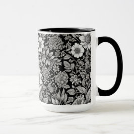 Taza Flores y hojas negras y blancas