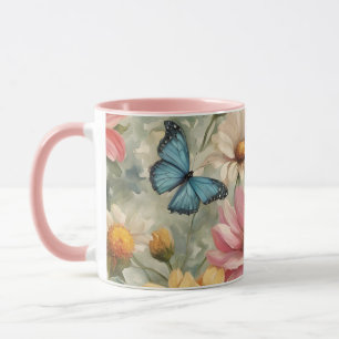 Taza Flores Y Mariposas Mug De Trabajo De Arte