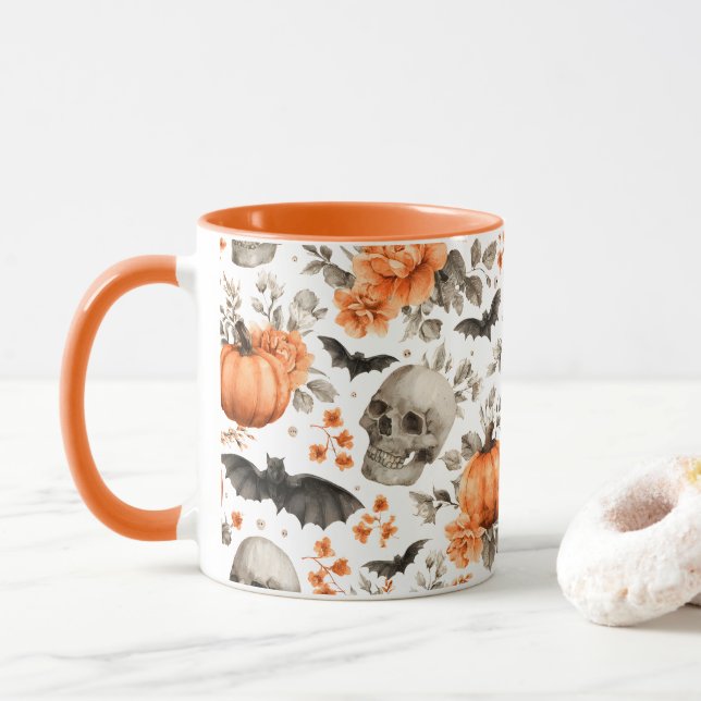 Taza Flores y murciélagos de cráneo de Halloween (Con donut)