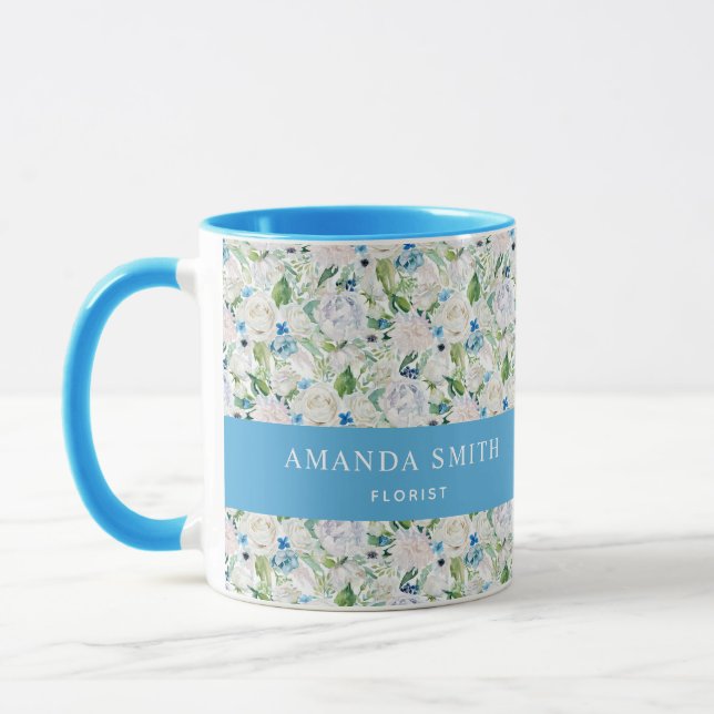 Taza Florismo elegante de rosa azul y blanco personaliz (Izquierda)