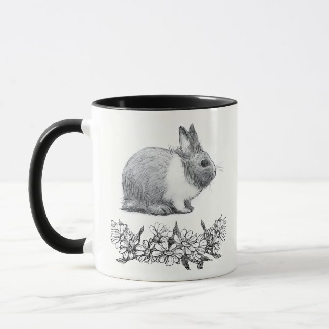 Taza Fluffy el conejo. Dibujo de lápiz Monocromo Negro (Izquierda)