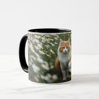 Taza Fluffy Orange & White Cat in Daisy Field Coffee Mu