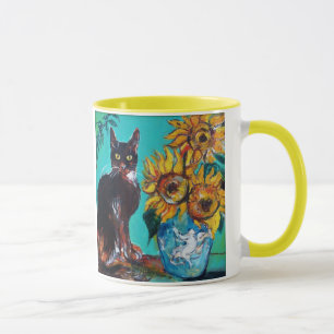 TAZA FLUJOS CON GATO NEGRO EN TURQUÍA AZUL