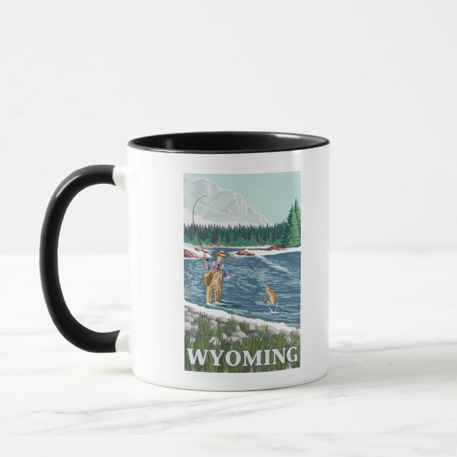 Taza Fly FishermanWyomingVintage Afiche de viajes (Izquierda)