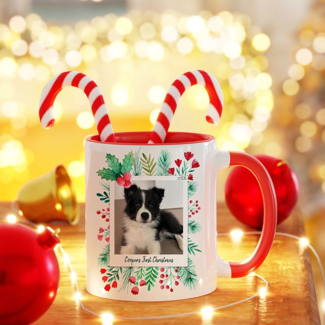 Taza Foliage de la primera foto acuarela de Puppy en Na (Puppy's First Christmas Two Photo Mug)