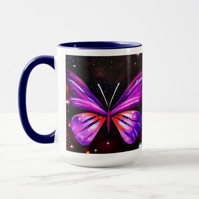 Taza Fondo negro galáctico de mariposa morada (Izquierda)