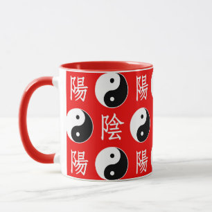 Taza Fondo rojo patrón chino Yinyang