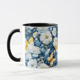 Taza Fondo transparente de mariposa de flor blanca azul