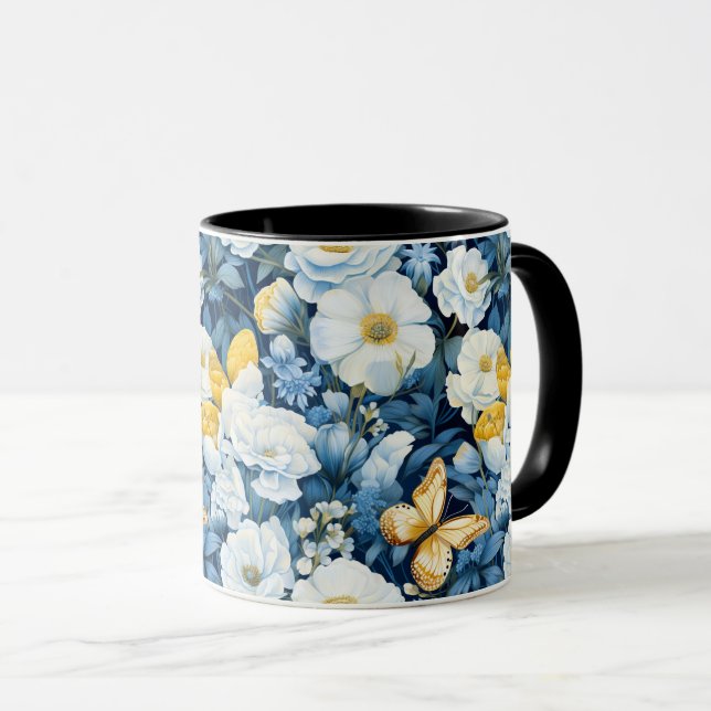 Taza Fondo transparente de mariposa de flor blanca azul (Anverso derecho)