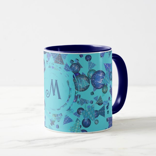 Taza Formas geométricas modernas con monograma en azul (Anverso derecho)