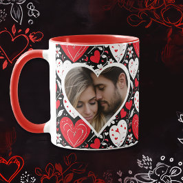 Taza Foto de Corazones y Flores Rojas, Negras y Blancas