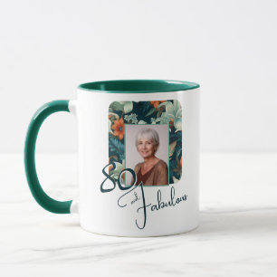 Taza Foto de cumpleaños con patrón de flores y 80 y fab