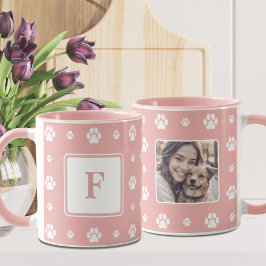 Taza Foto de Monograma Blanco Rosa Paw Dog