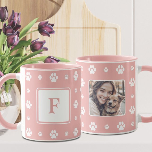 Taza Foto de Monograma Blanco Rosa Paw Dog (Subido por el creador)