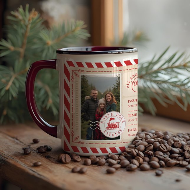 Taza Foto de Navidades del Ticket North Pole Express (North Pole Express Train Ticket Christmas Photo Mug)