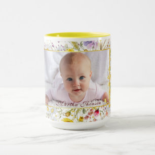 Taza Foto de niña bebé en acuarela floral rosa linda