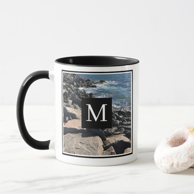 Taza Foto de Ocean Waves and Rocks First Black (Con donut)