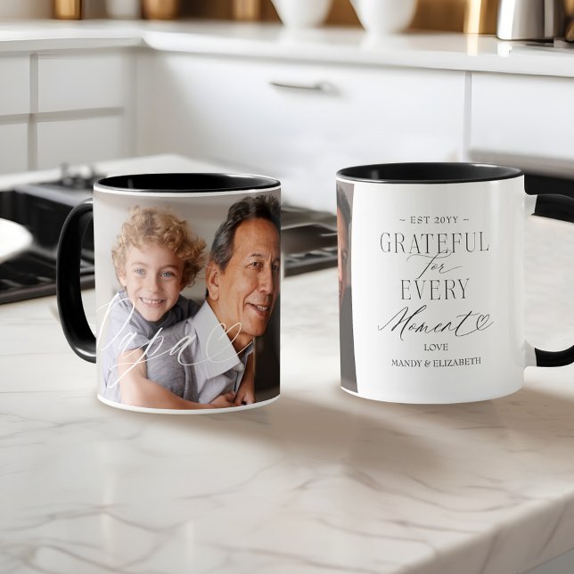 Taza Foto de Papa Script: Un gran agradecimiento por ca (Papa Script Heart Grateful for Every Moment Photo Mug)