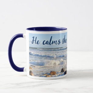 Taza Foto de Stormy Ocean Waves Biblia Verse Navy Blue