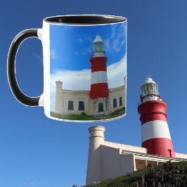 Taza Foto del tiempo del café rojo azul del faro