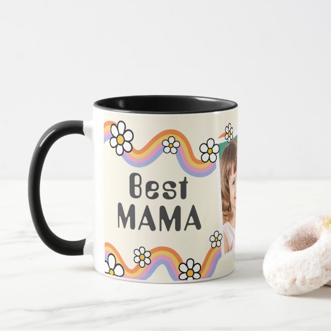Taza Foto Personalizada Vintage Boho Arcoíris Daisy (Con donut)