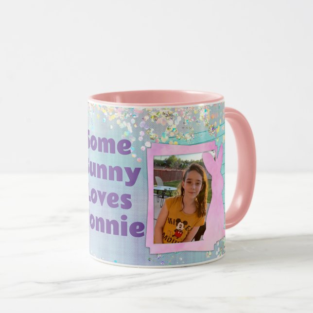 Taza Foto personalizado Pascua Bunny Purple Plaid (Anverso derecho)