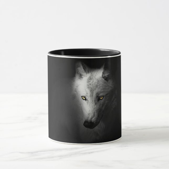 Taza Fotografía de lobo blanco y negro (Centro)