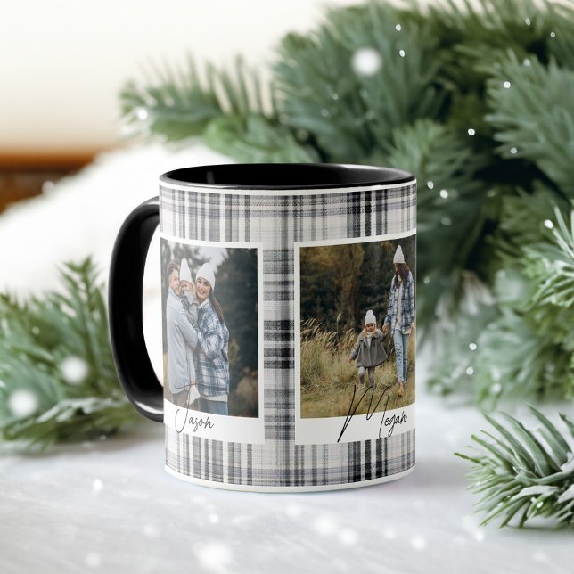 Taza Fotos de la familia de tejidos blancos y negros (Cozy Black and White Plaid fabric Family Photos Mug)