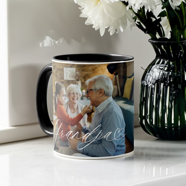 Taza Fotos del Abuelo Guión del Corazón Agradecidas Cad (Grandpa Script Heart Grateful Every Moment Photo Mug)