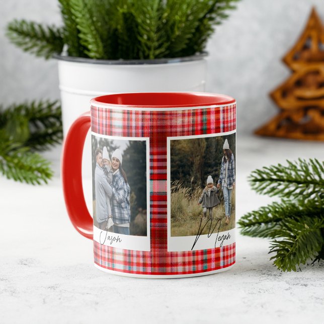 Taza Fotos familiares de tejidos rojos y blancos acoged (Cozy Red and White Plaid fabric Family Photos Mug)