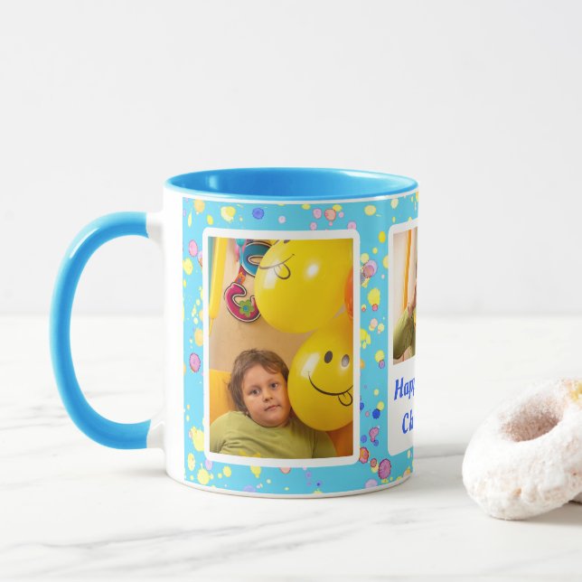 Taza Fotos personales de la acuarela azul de personaliz (Con donut)