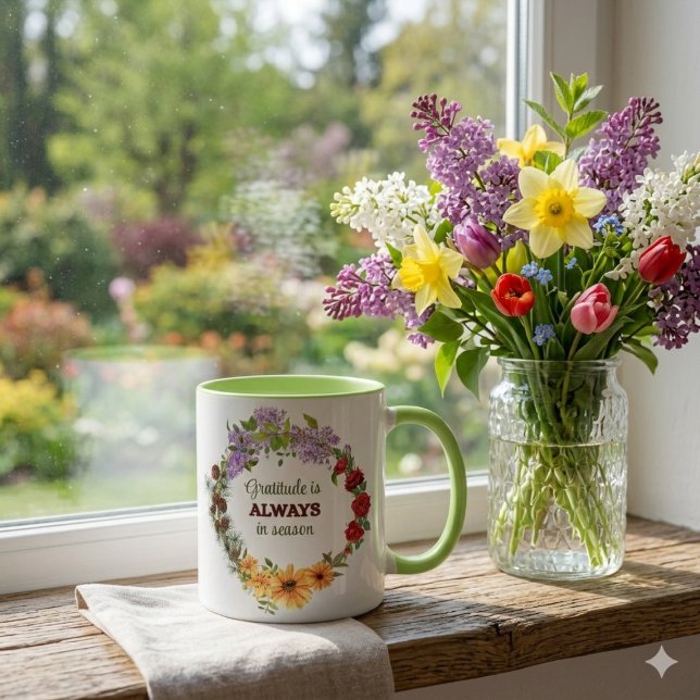 Taza Four Seasons Floral Wreath Gratitude Quote Mug (Subido por el creador)