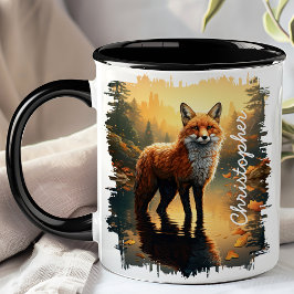Taza Fox en la reflexión sobre el bosque otoñal