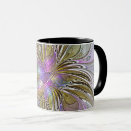 Taza Fractal floral colorido con rosado y oro