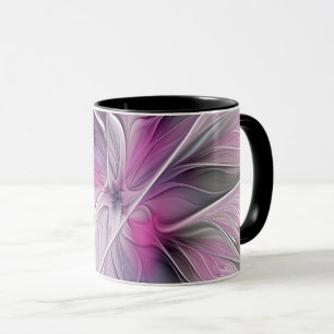 Taza Fractal floral moderno abstracto flor rosa gris