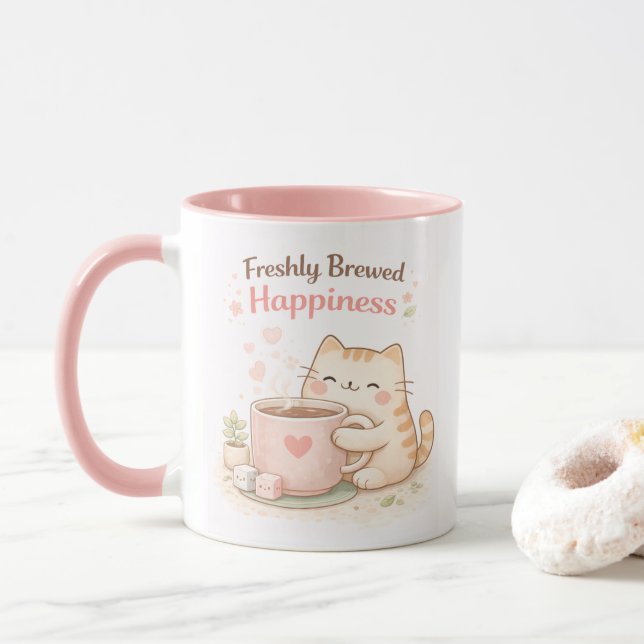 Taza Freshly Brewed Kawaii Cute Kitty Cat Coffee Pink (Con donut)
