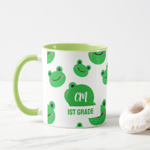 Taza Frog Happy Face Pattern Green Monogram School