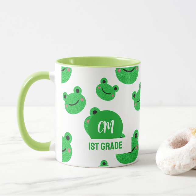 Taza Frog Happy Face Pattern Green Monogram School (Con donut)