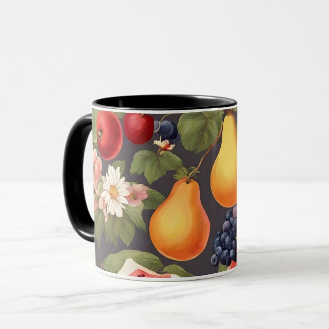Taza Frutas variadas, hojas exuberantes y flores maravi (Anverso izquierdo)
