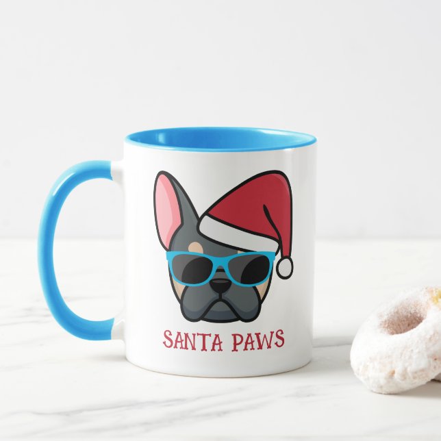 Taza Funny Blue Tan Frenchie Santa Paws Navidades (Con donut)