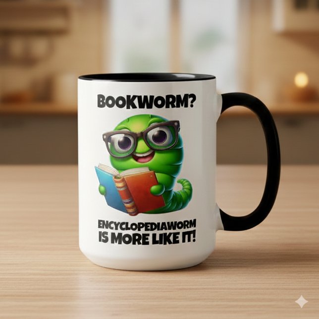 Taza Funny Bookworm? Encyclopediaworm is More Like It! (Bookworm More Like Encyclopediaworm Two-Tone 15oz Combo Mug Cover Photo)