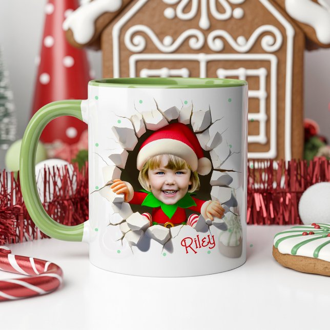 Taza Funny Custom Kids Face Photo Christmas Elf Name (Funny Custom Kids Face Photo cute Elf Personalized Name Christmas Hot Chocolate Holiday Mug Gift)