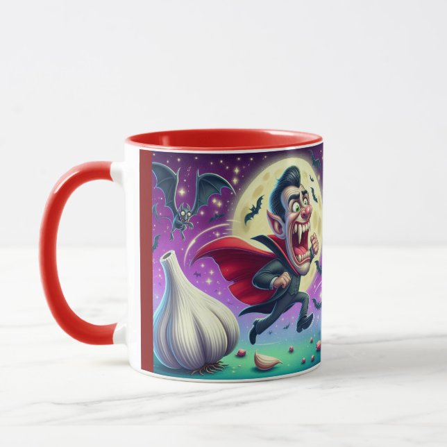 Taza Funny Dracula Mug – Vampire Running from garlic (Izquierda)