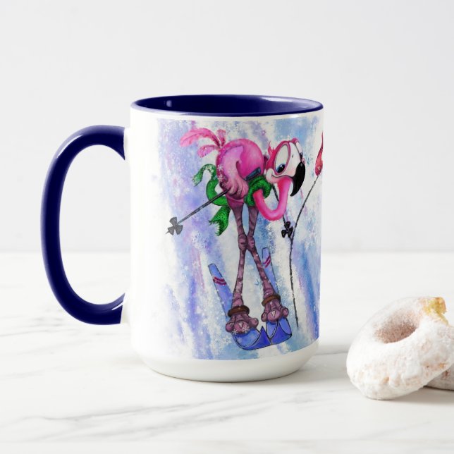 Taza Funny esquiadora de flamencos rosados - Diversión  (Con donut)