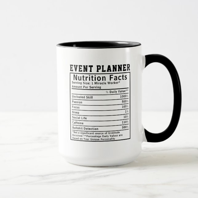 Taza Funny Event Planner Nutrition Facts Party Design (Derecha)