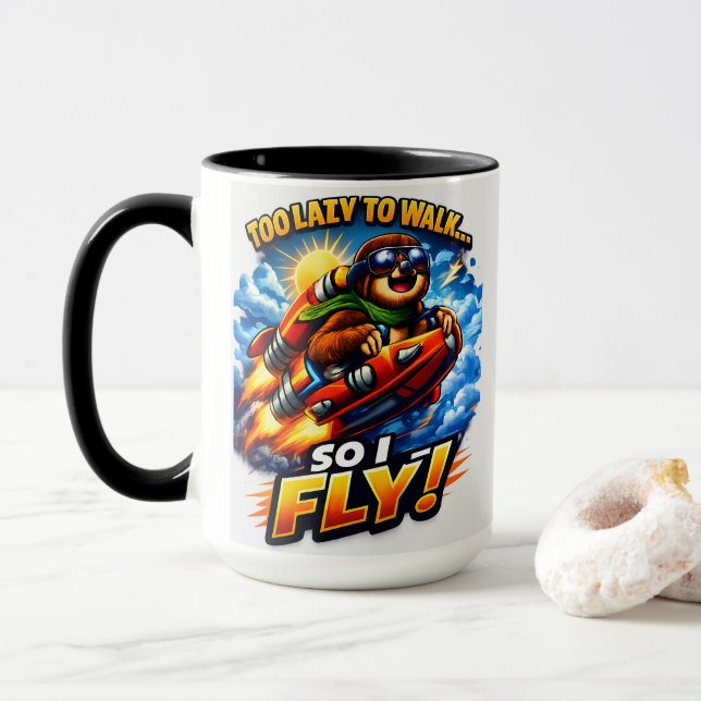 Taza Funny Sloth Rocket Meme, Too Lazy to Walk So I Fly (Con donut)