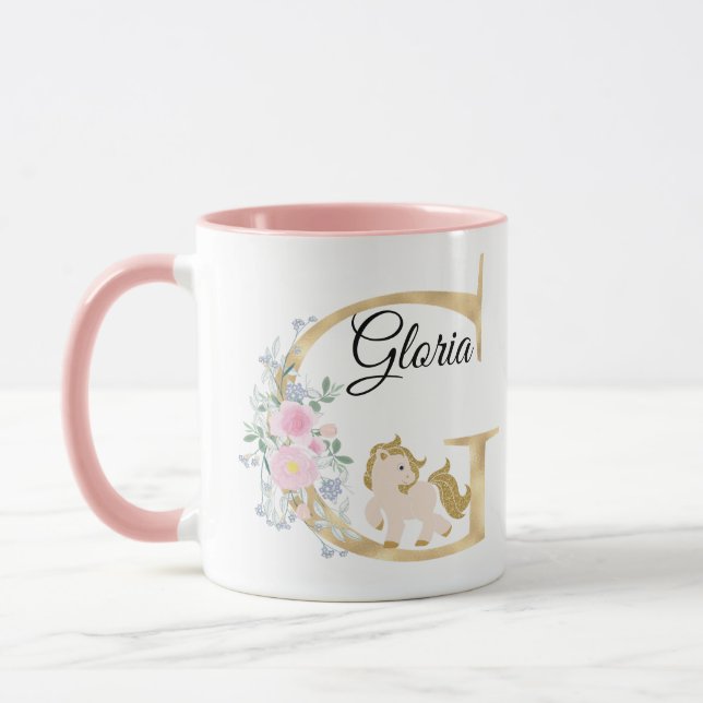 Taza G letra monograma de nombre personalizado con pony (Izquierda)