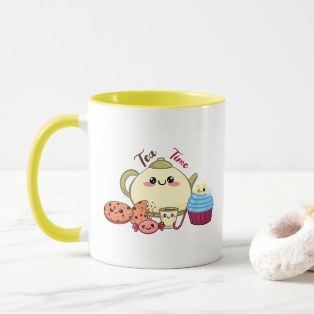 Taza galletas kawaii y tiempo de té lindo (Con donut)